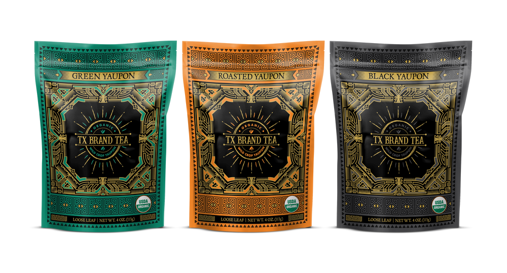 Organic Loose Leaf Yaupon Tea Variety Pack, 4oz Bag of Green Yaupon Tea, Roasted Yaupon Tea & Black Yaupon Tea